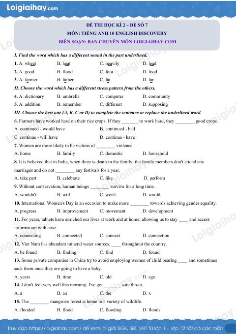 Đề thi học kì 2 Tiếng Anh 10 English Discovery - Đề số 7